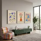 Modern Botanik Çiçek Pazarı 3lü Beyaz Çerçeveli Tablo Seti Bohem Tablo Salon Duvar Tablo Poster