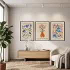 Modern Botanik Çiçek Pazarı 3lü Siyah Çerçeveli Tablo Seti Bohem Tablo Resim Çerçevesi Tablo Salon
