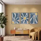 Akışkan Mavi Soyut Çiçek 3lü Siyah Çerçeveli Tablo Seti Bohem Tablo Salon Duvar Tablo Poster Tablo