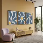 Akışkan Mavi Soyut Çiçek 3lü Siyah Çerçeveli Tablo Seti Bohem Tablo Salon Duvar Tablo Poster Tablo