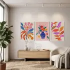Canlı Soyut Çiçekler 3lü Beyaz Çerçeveli Tablo Seti Bohem Tablo Tablo Çerçeve Salon Duvar Tablo
