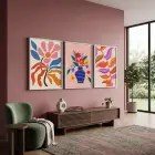 Canlı Soyut Çiçekler 3lü Beyaz Çerçeveli Tablo Seti Bohem Tablo Tablo Çerçeve Salon Duvar Tablo