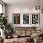Siyah Fon Çiçek Vazoları 3lü Ahşap Çerçeveli Tablo Seti Bohem Tablo Duvar Tablo Oda Dekorasyonu