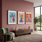 Renkli Vazo Bahçesi 3lü Ahşap Çerçeveli Tablo Seti Duvar Tablo Oda Dekorasyonu Dekoratif Obje