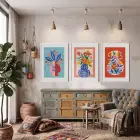 Renkli Vazo Bahçesi 3lü Beyaz Çerçeveli Tablo Seti Poster Tablo Resim Çerçevesi Dekoratif Obje