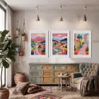 Renkli Akdeniz Yolculuğu 3lü Beyaz Çerçeveli Tablo Seti Poster Tablo Resim Çerçevesi Dekoratif Obje