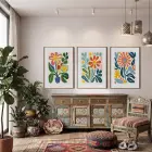 Modern Canlı Botanik Üçlü 3lü Ahşap Çerçeveli Tablo Seti Bohem Tablo Poster Tablo Resim Çerçevesi