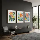 Modern Canlı Botanik Üçlü 3lü Ahşap Çerçeveli Tablo Seti Bohem Tablo Poster Tablo Resim Çerçevesi