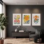Neşeli Modern Çiçekler 3lü Ahşap Çerçeveli Tablo Seti Bohem Tablo Duvar Tablo Oda Dekorasyonu Salon
