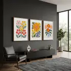 Neşeli Modern Çiçekler 3lü Ahşap Çerçeveli Tablo Seti Bohem Tablo Duvar Tablo Oda Dekorasyonu Salon