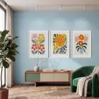 Neşeli Modern Çiçekler 3lü Beyaz Çerçeveli Tablo Seti Bohem Tablo Resim Çerçevesi Tablo Salon