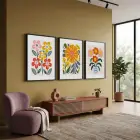 Neşeli Modern Çiçekler 3lü Siyah Çerçeveli Tablo Seti Bohem Tablo Salon Duvar Tablo Poster Tablo