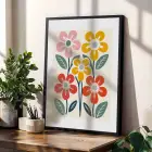 Neşeli Modern Çiçekler 3lü Siyah Çerçeveli Tablo Seti Bohem Tablo Salon Duvar Tablo Poster Tablo