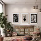 Siyah Bej Organik Formlar 3lü Ahşap Çerçeveli Tablo Seti Salon Duvar Tablo Poster Tablo