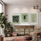 Yeşil Minimalist Bohem 3lü Beyaz Çerçeveli Tablo Seti Bohem Tablo Duvar Tablo Oda Dekorasyonu Salon