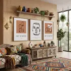Toprak Tonlu Bohem Çizimler 3lü Ahşap Çerçeveli Tablo Seti Bohem Tablo Tablo Çerçeve Duvar Dekoru