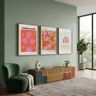 Canlı Retro Çiçekler ve Gökkuşağı 3lü Ahşap Çerçeveli Tablo Seti Bohem Tablo Salon Duvar Tablo