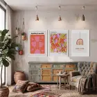 Canlı Retro Çiçekler ve Gökkuşağı 3lü Beyaz Çerçeveli Tablo Seti Bohem Tablo Poster Tablo Resim