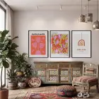 Canlı Retro Çiçekler ve Gökkuşağı 3lü Siyah Çerçeveli Tablo Seti Bohem Tablo Poster Tablo Resim