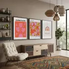 Canlı Retro Çiçekler ve Gökkuşağı 3lü Siyah Çerçeveli Tablo Seti Bohem Tablo Poster Tablo Resim