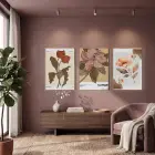 Retro Botanik Çiçekler 3lü Ahşap Çerçeveli Tablo Seti Bohem Tablo Duvar Tablo Oda Dekorasyonu Salon