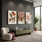 Retro Botanik Çiçekler 3lü Ahşap Çerçeveli Tablo Seti Bohem Tablo Duvar Tablo Oda Dekorasyonu Salon