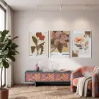 Retro Botanik Çiçekler 3lü Beyaz Çerçeveli Tablo Seti Bohem Tablo Tablo Çerçeve Salon Duvar Tablo