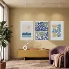 Mavi Yeşil Minimalist Desenler 3lü Beyaz Çerçeveli Tablo Seti Tablo Çerçeve Salon Duvar Tablo Dekor