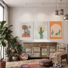 Toprak Tonlu Kaktüs Palmiye Üçlüsü 3lü Beyaz Çerçeveli Tablo Seti Poster Tablo Resim Çerçevesi