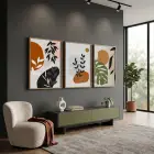 Organik Eğriler Yaprak Motifleri 3lü Ahşap Çerçeveli Tablo Seti Salon Duvar Tablo Poster Tablo