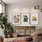 Bohem Soyut Figürlü Botanik 3lü Ahşap Çerçeveli Tablo Seti Bohem Tablo Duvar Tablo Oda Dekorasyonu