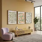 Narenciye Papatya Botanik Üçlü 3lü Ahşap Çerçeveli Tablo Seti Bohem Tablo Duvar Tablo Oda