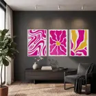 Canlı Fuşya Sarı Soyut Formlar 3lü Beyaz Çerçeveli Tablo Seti Poster Tablo Resim Çerçevesi