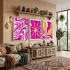 Canlı Fuşya Sarı Soyut Formlar 3lü Beyaz Çerçeveli Tablo Seti Poster Tablo Resim Çerçevesi