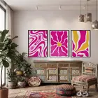 Canlı Fuşya Sarı Soyut Formlar 3lü Siyah Çerçeveli Tablo Seti Poster Tablo Duvar Tablo Ev