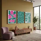 Canlı Pembe Yeşil Botanik Üçlü 3lü Ahşap Çerçeveli Tablo Seti Bohem Tablo Tablo Çerçeve Duvar