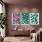 Canlı Pembe Yeşil Botanik Üçlü 3lü Beyaz Çerçeveli Tablo Seti Bohem Tablo Resim Çerçevesi Tablo