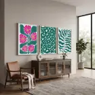 Canlı Pembe Yeşil Botanik Üçlü 3lü Beyaz Çerçeveli Tablo Seti Bohem Tablo Resim Çerçevesi Tablo