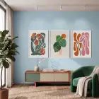 Akışkan Botanik Soyut Sanat 3lü Beyaz Çerçeveli Tablo Seti Bohem Tablo Poster Tablo Duvar Tablo Ev