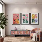 Modern Pastel Çiçek Demeti 3lü Siyah Çerçeveli Tablo Seti Bohem Tablo Duvar Tablo Oda Dekorasyonu