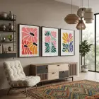 Modern Pastel Çiçek Demeti 3lü Siyah Çerçeveli Tablo Seti Bohem Tablo Duvar Tablo Oda Dekorasyonu
