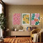 Dinamik Pop Art Çiçekleri 3lü Ahşap Çerçeveli Tablo Seti Bohem Tablo Tablo Çerçeve Duvar Dekoru Ev