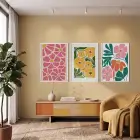 Dinamik Pop Art Çiçekleri 3lü Beyaz Çerçeveli Tablo Seti Bohem Tablo Duvar Tablo Oda Dekorasyonu
