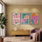 Neşeli Retro Bitki Formları 3lü Siyah Çerçeveli Tablo Seti Tablo Çerçeve Salon Duvar Tablo Dekor