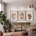 Boho Toprak Tonları Bitkisel Sanat 3lü Siyah Çerçeveli Tablo Seti Bohem Tablo Salon Duvar Tablo