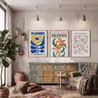 Modern Botanik Poster Üçlüsü 3lü Ahşap Çerçeveli Tablo Seti Bohem Tablo Salon Duvar Tablo Poster
