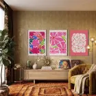 Canlı Pembe Floral Kompozisyon 3lü Ahşap Çerçeveli Tablo Seti Bohem Tablo Poster Tablo Duvar Tablo
