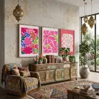 Canlı Pembe Floral Kompozisyon 3lü Ahşap Çerçeveli Tablo Seti Bohem Tablo Poster Tablo Duvar Tablo