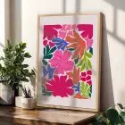 Canlı Pembe Floral Kompozisyon 3lü Ahşap Çerçeveli Tablo Seti Bohem Tablo Poster Tablo Duvar Tablo