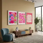 Canlı Pembe Floral Kompozisyon 3lü Beyaz Çerçeveli Tablo Seti Bohem Tablo Duvar Tablo Oda